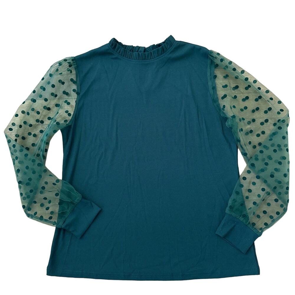 NWT blooming jelly Elegant Polka Dots Mesh Green Long Sleeve Blouse size XL